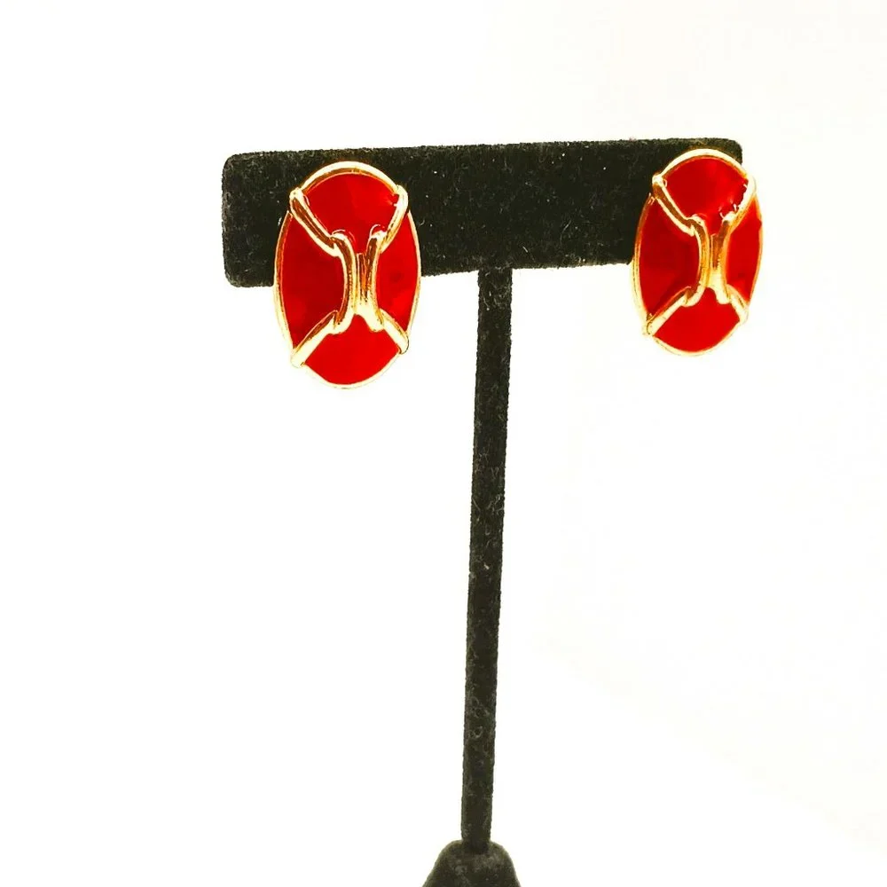 Gold Red Enamel Oval Earrings Clip On Statement Holiday Jewelry